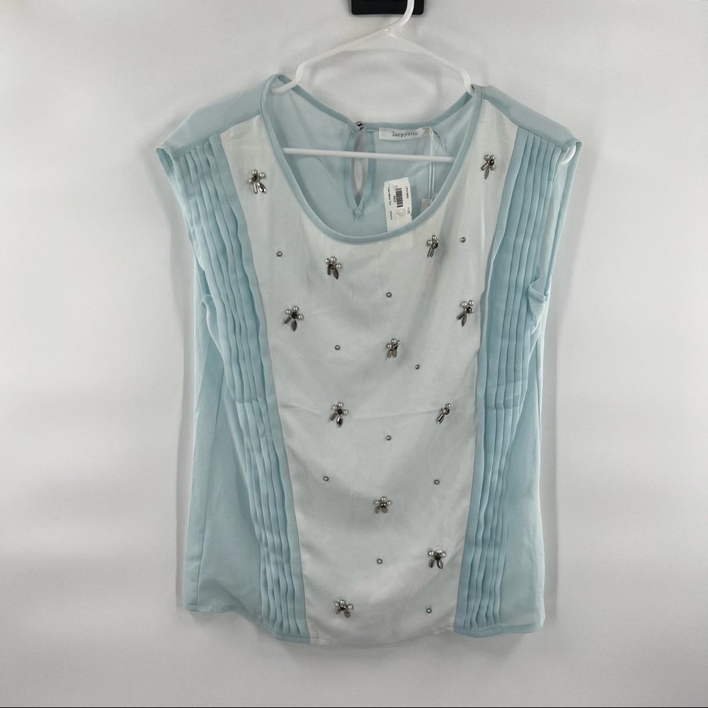 Lucy Paris blue white bedazzled blouse top size S